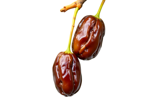  two ripe jujube fruits hanging from a branch, isolated on transparent background