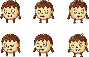 Zombie cookie characters with chocolate topping, dripping icing, spooky expressions, Halloween pastry monster design for fantasy, horror, and seasonal themes