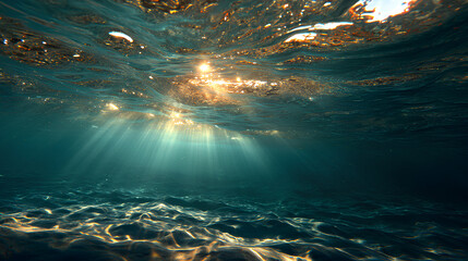 Underwater Sunlight Streaming Through Rippling Water Surface Creating Calm Serene Scene