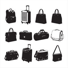 A vector illustration of a set of black travel bags including a suitcase and backpack