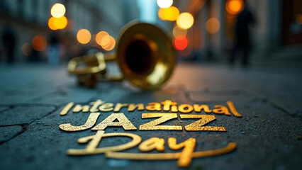 'International Jazz Day" golden writing on asphalt and trumpet in the background. 