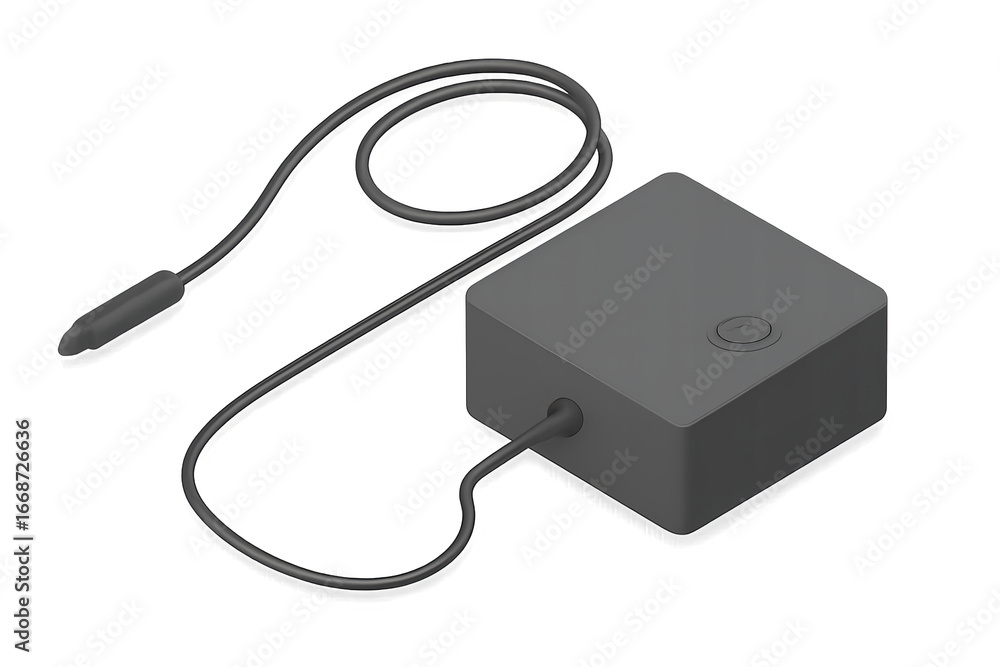 Poster minimalistic square-shaped ac adapter with cable and rounded connector on transparent background. co
