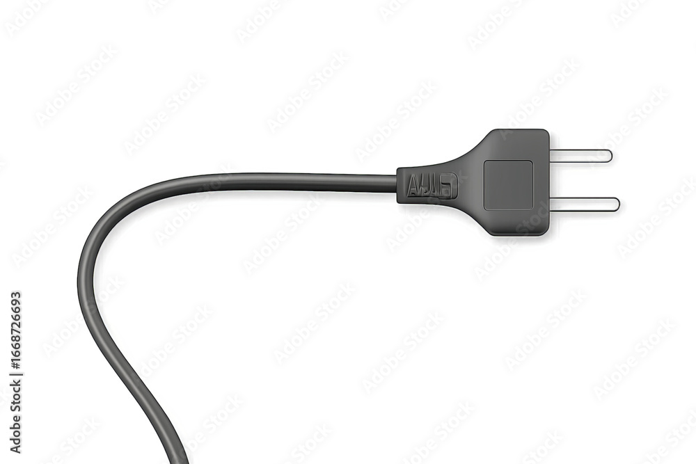Poster flat black ac power plug with two vertical blades and slightly curved cord on transparent background