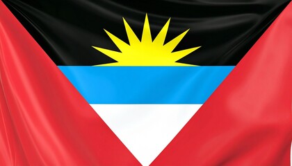 Flag of Antigua and Barbuda with rising sun, black-blue-white tricolor, and red V-shaped triangles—symbolizing heritage, hope, and national energy.
