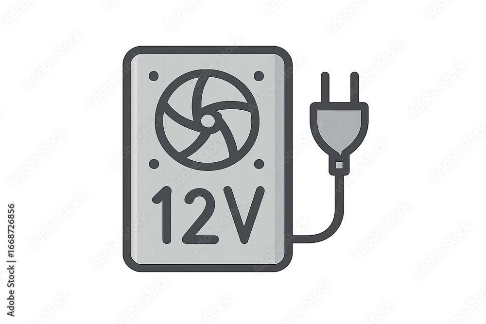 Poster vertical 12v power unit with cooling fan and ac plug on transparent background. concept of compact e
