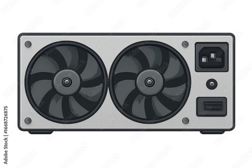 Poster heavy-duty computer ac power supply unit with dual fans and switch on transparent background. concep