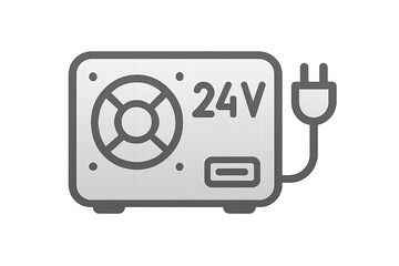 Fototapeta premium 24V power supply unit with cooling fan and power cord on transparent background. Concept of industrial energy conversion equipment