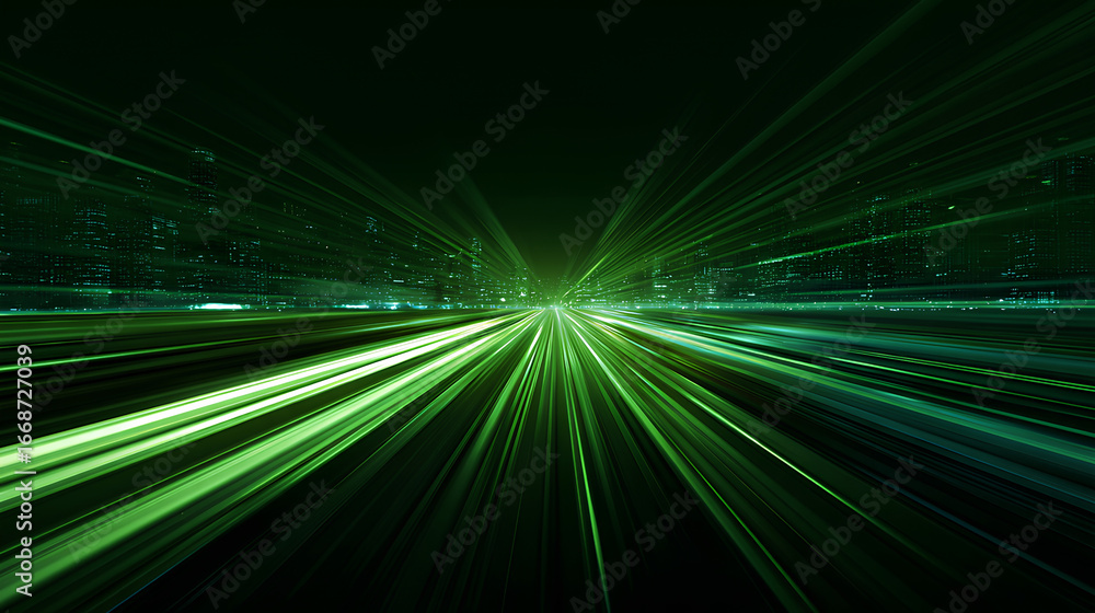 Poster vector green light line with futuristic motion effect and abstract automobile blur, glowing trail an