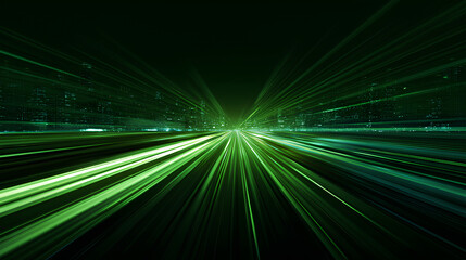 vector green light line with futuristic motion effect and abstract automobile blur, glowing trail and beam streak in city design, dynamic disco background for speed illustration and night.
