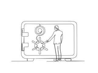 Buninessman opening safe deposit box outline illustration. Continuous line art drawing of businessman and big deposit box. Editable stroke.