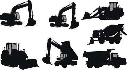Construction vehicle silhouettes set with excavators, bulldozer, dump truck, cement mixer truck, heavy equipment, industrial machines, earthmoving machinery, construction machines vector illustration