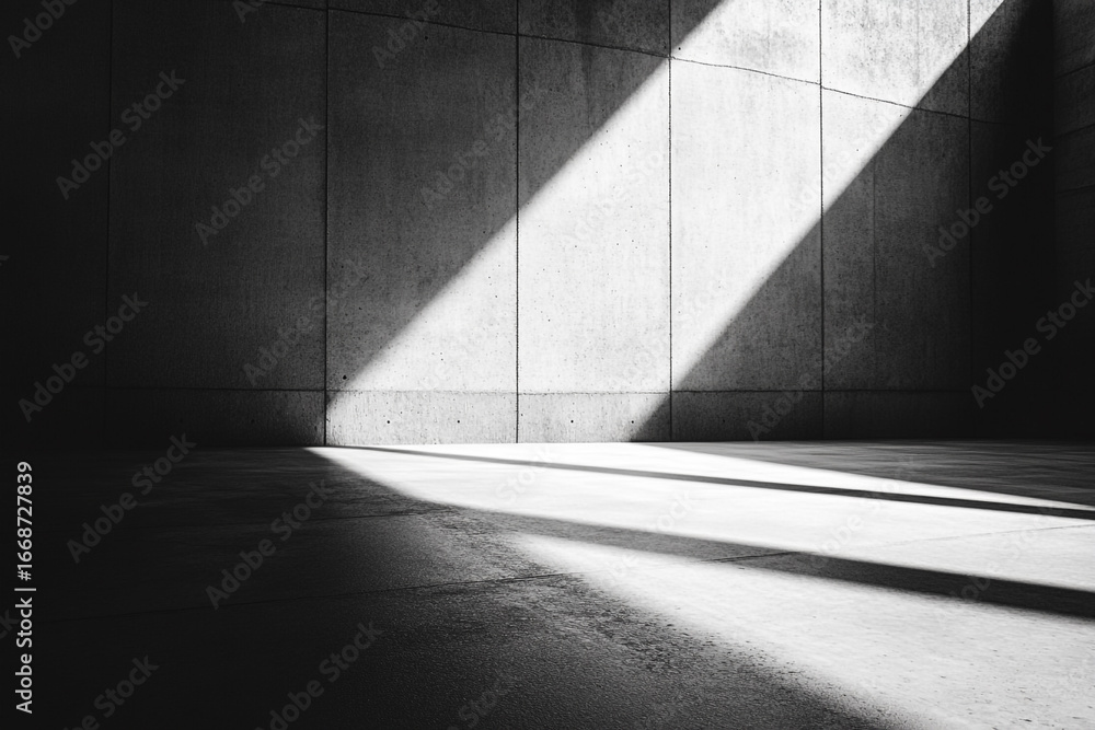 Poster sunlight streams into a modern concrete room creating dramatic shadows on the floor and walls