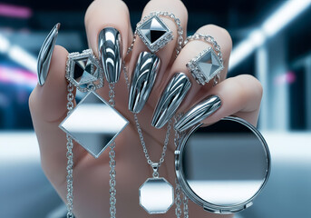 A close-up view of a hand adorned with long, polished chrome nails and sparkling diamond rings, showcasing reflective jewelry and a compact mirror.