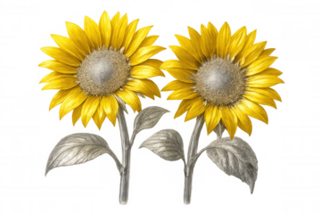 Detailed illustration of two sunflowers featuring bright yellow petals and silver stems and leaves, isolated on a transparent background