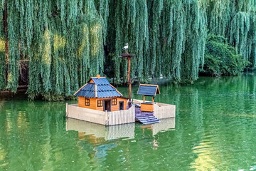 Charming miniature floating house on Myrhorod Puddle pond, with orange walls, black roof and nest...