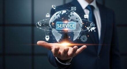 Digital Support Solutions A Businessman Offering Global Communication Assistance with AI Chatbots, Email, and Online Helpdesk. Customer service and support solution. business concept.