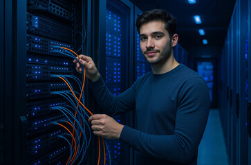 Technician manages network cables in modern server room