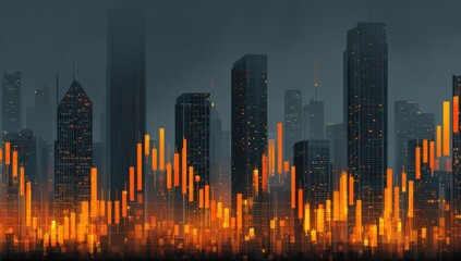 Futuristic cityscape with glowing orange bar graphs