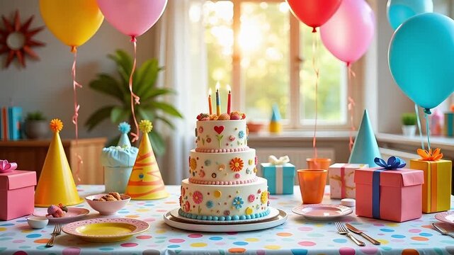 Colorful multi-tier birthday cake with balloons and party hats in the background, festive dessert for celebration moments.