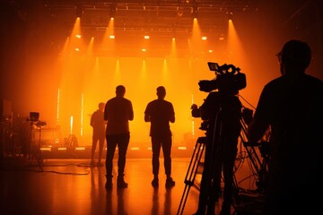 Silhouettes of crew in a brightly lit studio