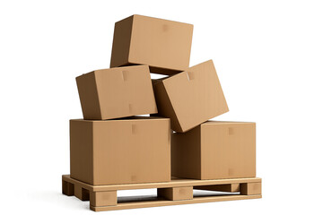 Cardboard boxes on wooden palette with scattered top boxes on transparent background