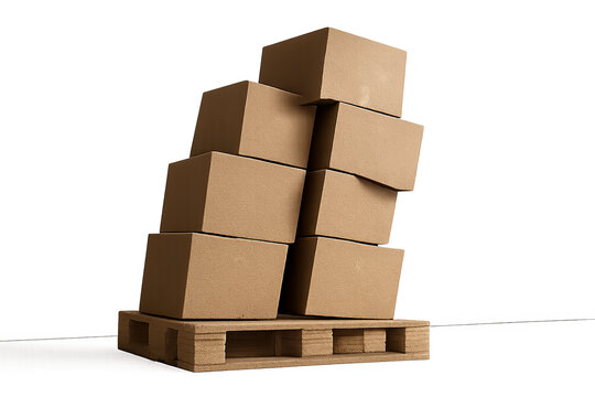 Cardboard boxes on wooden palette in tilted and unstable stack on transparent background