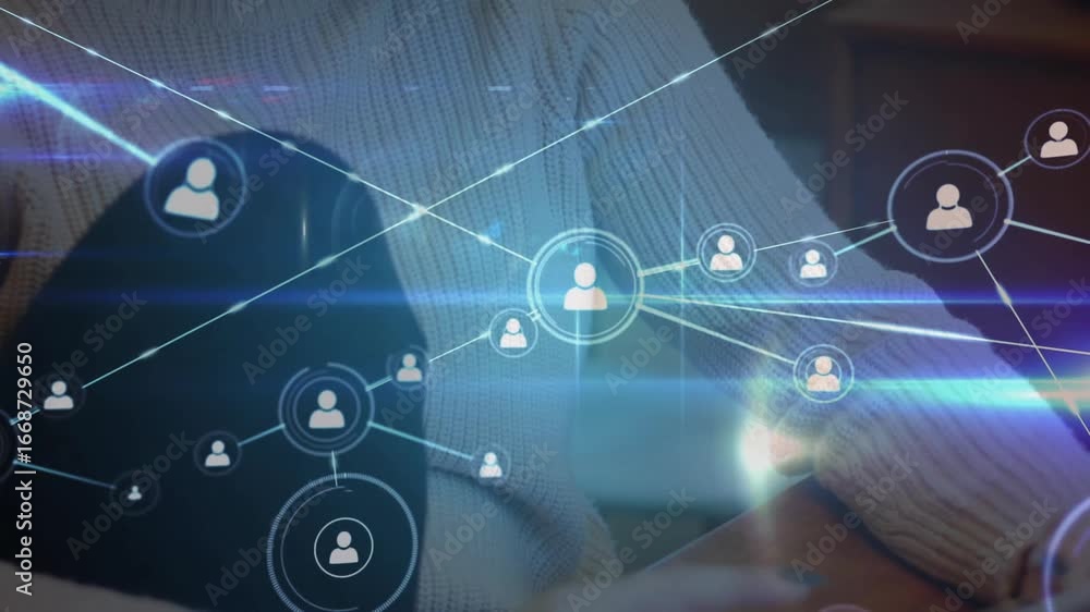 Poster woman tapping tablet starting animating network icons and lines visualizing tech connections