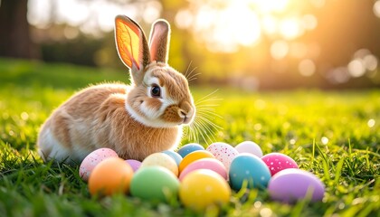 Adorable bunny surrounded by colorful Easter eggs in a park