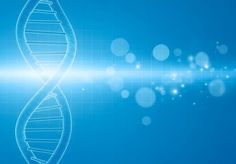 Double helix DNA structure on a blue background with a glowing light and a grid pattern, representing genetics, science, and medical research