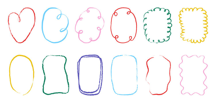 Hand drawn childish doodle frames set. Cute sketch scribble borders with loops, curls and scallops for cute kids design, cards, stickers, social media, invitations Textured colored vector illustration