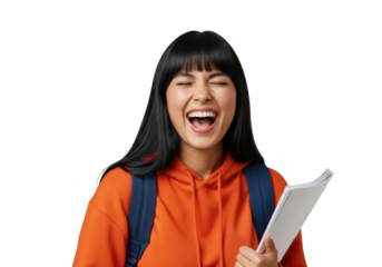 Joyful young woman laughing holding paper wearing orange hoodie and backpack transparent background