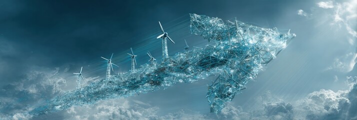 Ice-like arrow with wind turbines in a cloudy sky