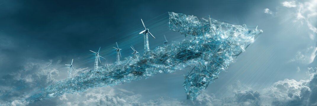 Ice-like arrow with wind turbines in a cloudy sky - Powered by Adobe