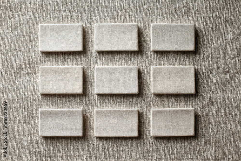 Poster nine blank name tags arranged in a grid on linen fabric background