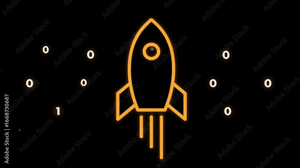 Aufkleber rocket binary code digital technology innovation startup orange black background futuristic ai boom 