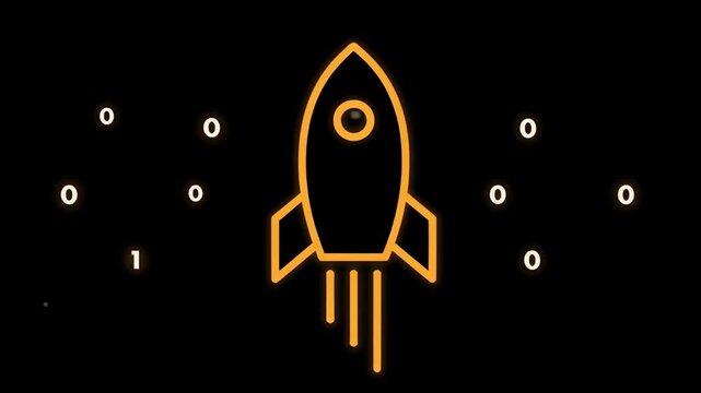 Rocket Binary Code Digital Technology Innovation Startup Orange Black Background Futuristic AI Boom Launch With Digital Energy and Binary Code