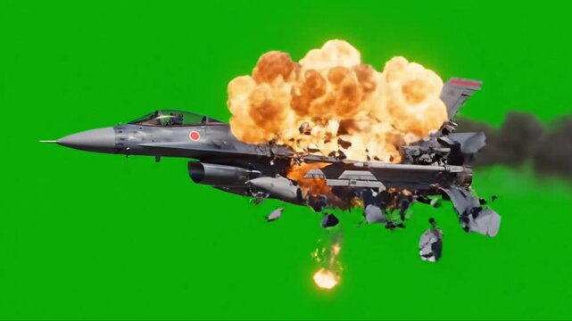 This is a VFX animation of a fighter jet exploding mid-flight against a green screen.	