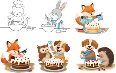 Cute cartoon animals baking, cake decorating fun, bunny, fox, dog, owl, hedgehog, pastry making, kitchen teamwork, sweet dessert, culinary kids, cartoon chef, fun food art, animal cooking, frosting 