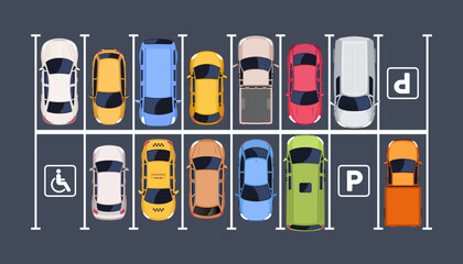 Top view of cars parked in parking lot. Vector illustration © yayasya