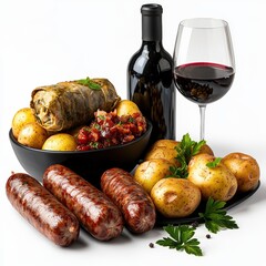 Traditional rustic meal with grilled sausages potatoes red wine herbal garnish and hearty stew served on black plate with fresh herbs and vegetables