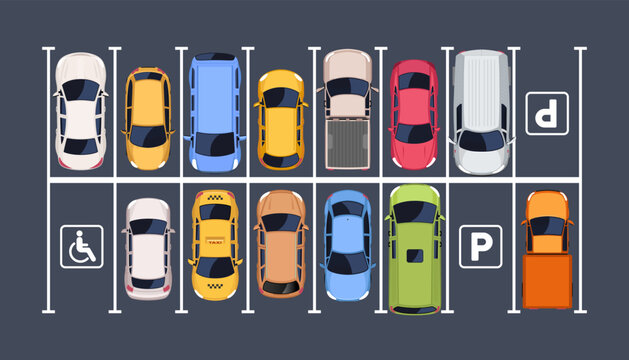 Top view of cars parked in parking lot. Vector illustration