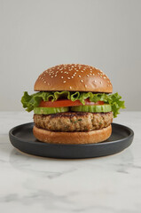 Gourmet Plant-Based Pea Protein Burger with Fresh Vegetables on Black Plate &ndash; Luxury Vegan Food Photography