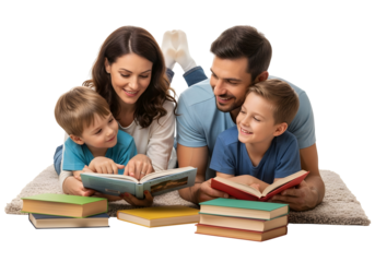 Happy Family Reading Books Together on a Carpet