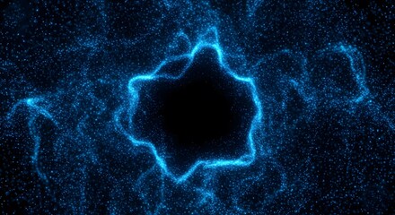 Dynamic cosmic abstract background with a glowing blue wormhole or energy portal surrounded by sparkling digital particle effects on a dark backdrop