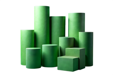 Group of green cylinders and cubes isolated on white background