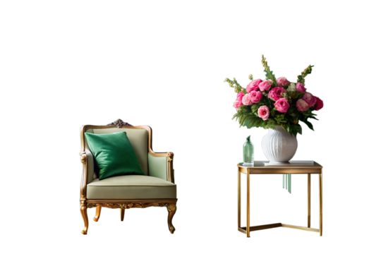 Elegant armchair and floral arrangement isolated on white background
