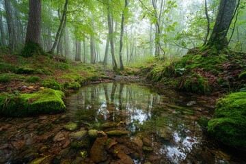 Obraz premium Serene Forest Stream with Moss and Fallen Leaves in Lush Greenery
