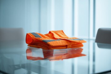 Folded Orange Safety Vest on Reflective Glass Table in Office Setting