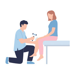 Male doctor performing a patellar reflex test on a female patient with a reflex hammer.