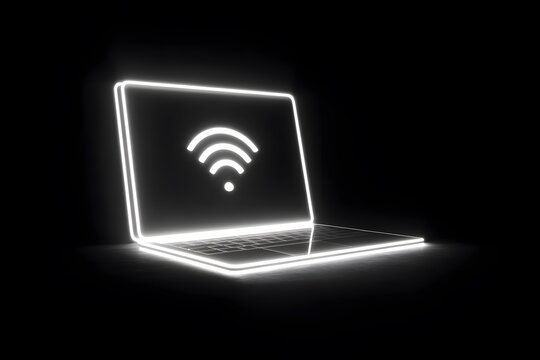 Glowing laptop with wifi connection icon for internet access and technology